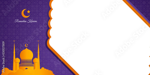 Ramadan kareem background elegant design with copy space for greeting card, presentation background, flyer, banner, poster, wallpaper. Modern islamic background. Vector illustration with purple orange