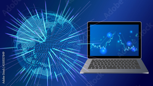高騰急落する株価チャートとノートパソコン・世界地図青色背景イメージ