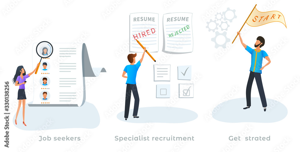 Metaphor concept of job searching. Specialist recruitment. Employment service. Job seekers. Employment process, reviewing resume, hiring new employee, choosing a candidate. Startup business..