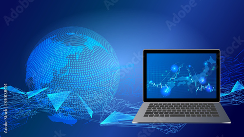 急騰急落する株価チャートとノートパソコン・世界地図青色背景イメージ