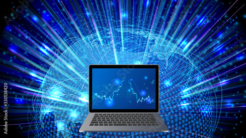 高騰急落する株価チャートとノートパソコン・世界地図青色背景イメージ