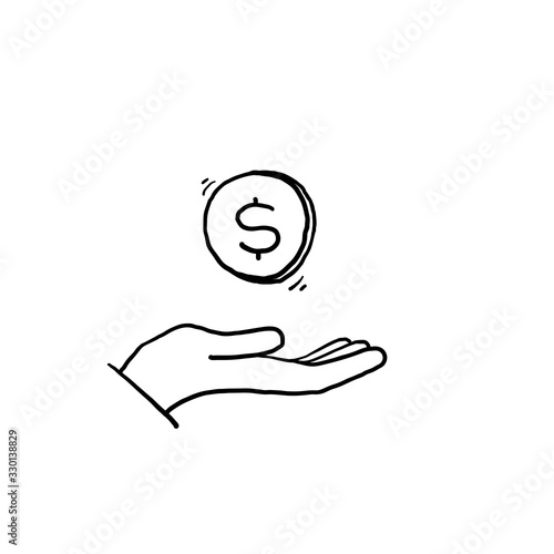 hand drawn save money icon, salary money, invest finance, hand holding dollar, line symbols on white background doodle