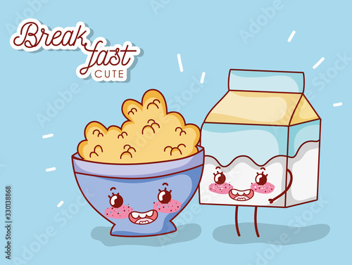 breakfast cute bowl with cereal and milk box cartoon