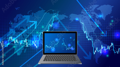 急落する株価チャートとノートパソコン世界地図青色背景イメージ