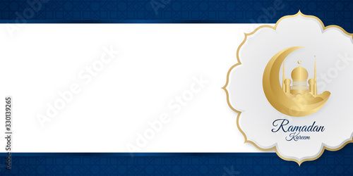 Ramadan kareem banner greeting card template design. Vector illustration in blue gold gradient background with moon, cloud, star, and mosque decoration. Luxury islamic background
