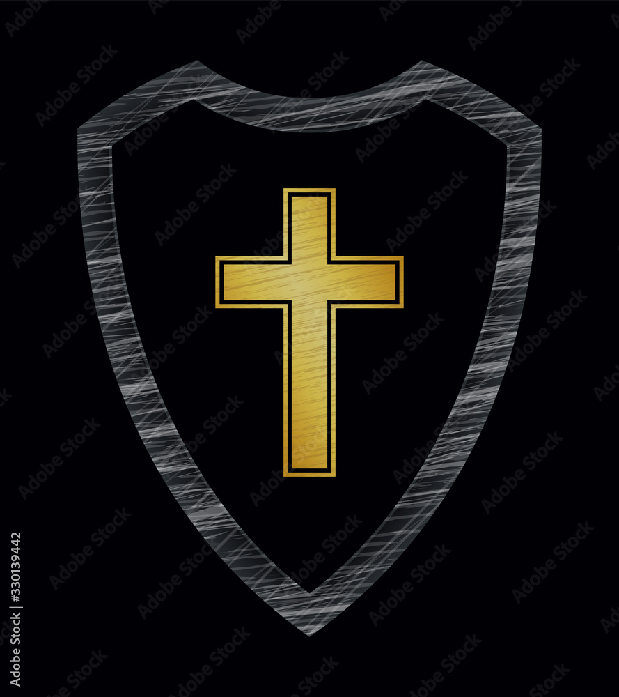 Christian Cross and Shield of Faith. Church Logo. Religious Symbol. Creative Christian Icon. Black and White Christian Cross and Shield of Faith. Church Logo. Religious Symbol. Creative Christian Icon. Black and White