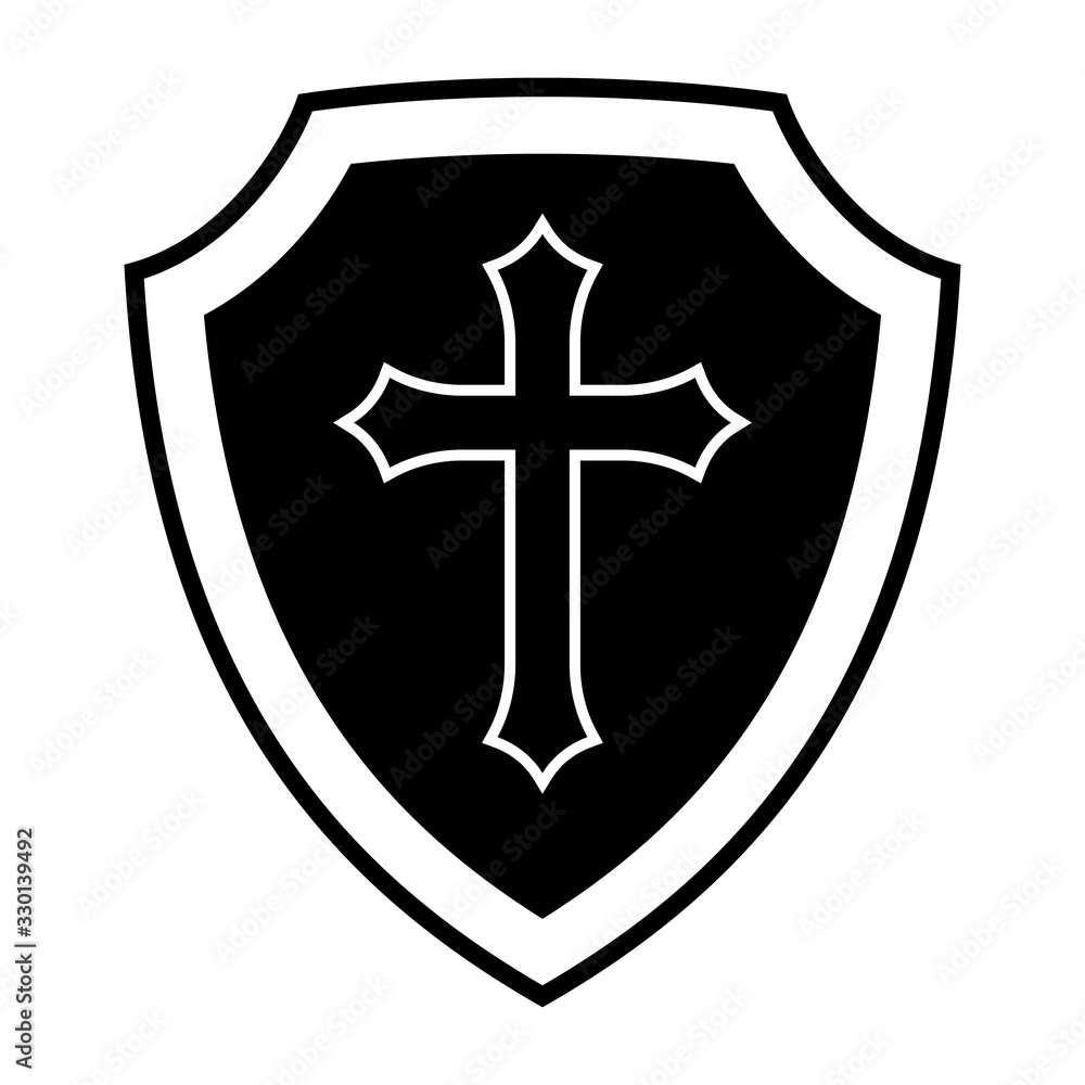 Christian Cross and Shield of Faith. Church Logo. Religious Symbol. Creative Christian Icon. Black and White Christian Cross and Shield of Faith. Church Logo. Religious Symbol. Creative Christian Icon. Black and White