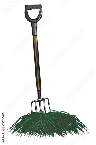 Pitchfork in hay.Vector cartoon illustration isolated on white background.