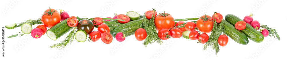 Vegetables border. Fresh green cucumbers, different red tomatoes and bundle of green dill leaves isolated on white background. Ingredients for vegetable salad