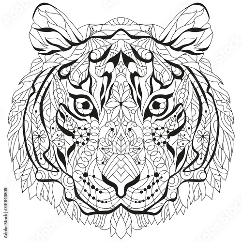 Zentangle tiger head. Hand drawn decorative vector illustration for coloring