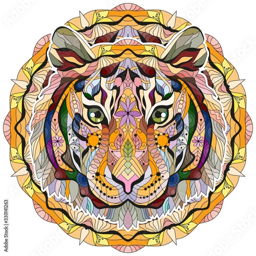 Zentangle tiger head with mandala . Hand drawn decorative vector illustration