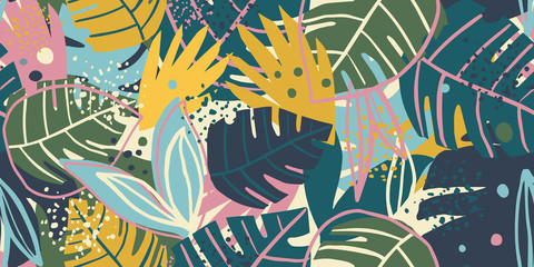Fototapete Tropische Paradiesblumen-Muster Exotische Blätter Collage im Trendlook  © smth.design