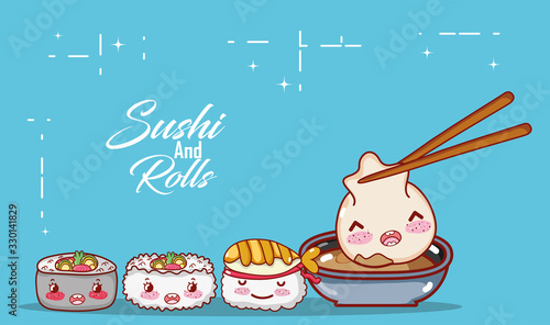 kawaii dumpling in sauce shushi rice soup food japanese cartoon, sushi and rolls