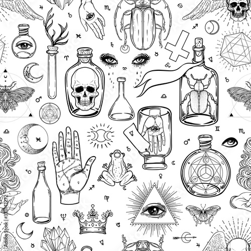Mystic, magic, background. Religion and the occultism with esoteric and masonic symbols. Medieval manuscript inspired. Vector seamless pattern in retro style. Repeating Trendy stylish texture.