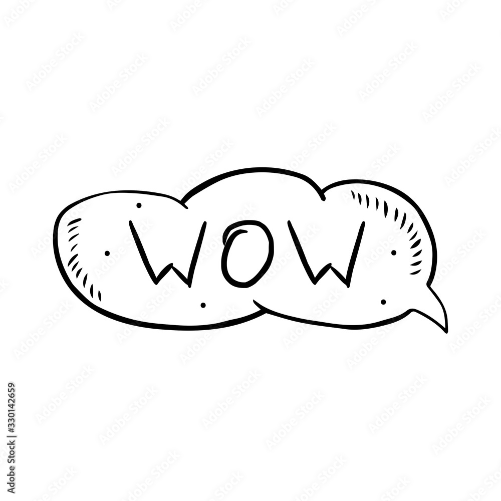 Wow speech bubble, comics design. Chat, text. Cartoon doodle hand drawn vector illustration, sticker, icon, design element. Black monochrome design. Isolated on white background. Easy to change color. Wow speech bubble, comics design. Chat, text. Cartoon doodle hand drawn vector illustration, sticker, icon, design element. Black monochrome design. Isolated on white background. Easy to change color.