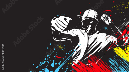 Baseball player. Baseball cap. Hitter swinging with bat. Abstract isolated vector silhouette. Iink drawing