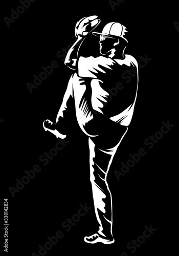 Baseball player. Baseball cap. Hitter swinging with bat. Abstract isolated vector silhouette. Iink drawing