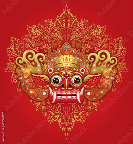 Barong. Traditional ritual Balinese mask. Vector color illustration in red, gold and black isolated. Hindu ethnic symbol, tattoo art, yoga, Bali spiritual design for print, poster, t-shirt, textile.