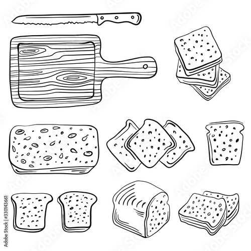 Set of toast bread with wooden board and knife in sketchy style isolated on white background. Doodle hand drawn bread. Vector illustration