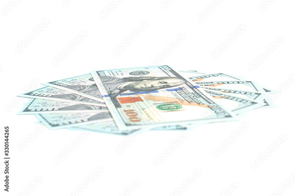 hundred dollar bills lie in the shape of a circle on a white background isolate, side view