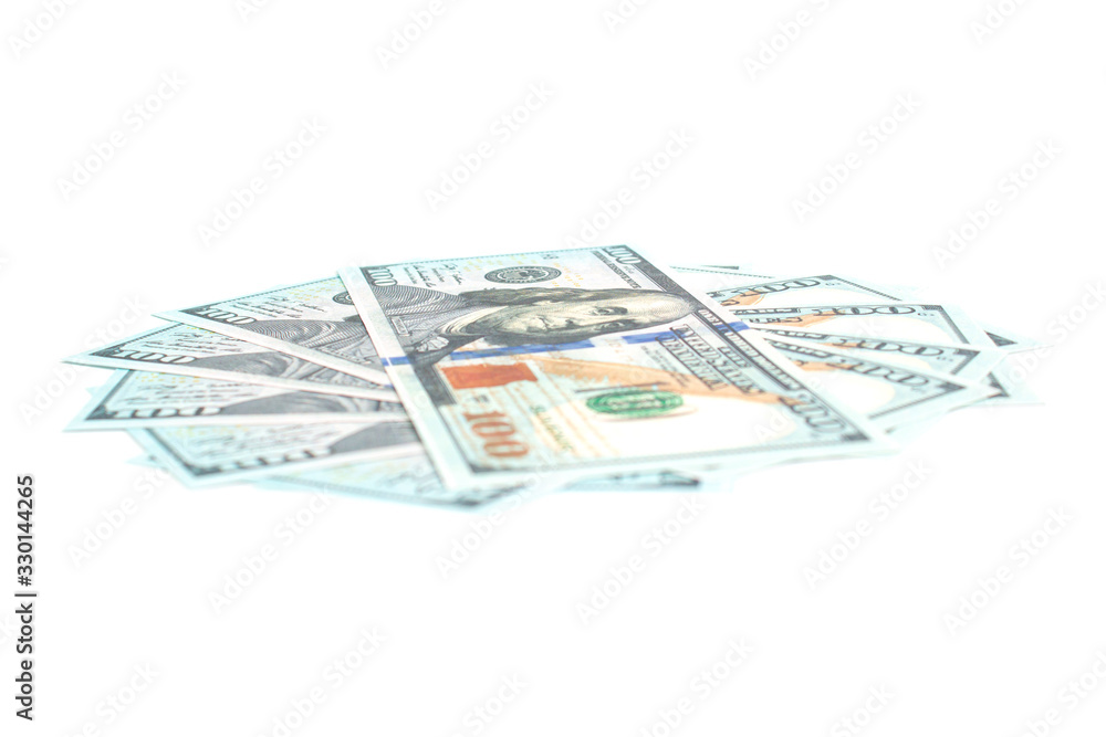hundred dollar bills lie in the shape of a circle on a white background isolate, side view hundred dollar bills lie in the shape of a circle on a white background isolate, side view