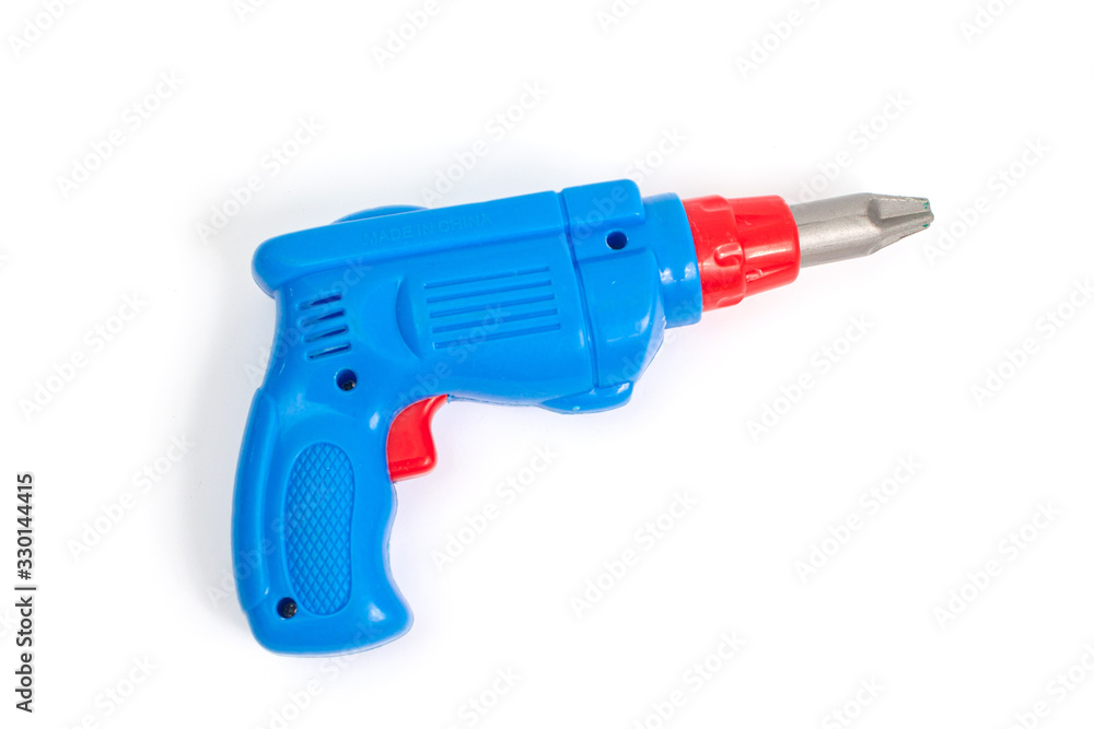 blue toy screwdriver on a white background isolate, top view blue toy screwdriver on a white background isolate, top view