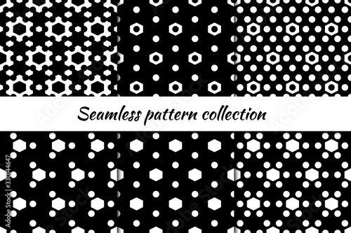 Hexagons, circles, figures seamless patterns collection. Folk prints. Ethnic ornaments set. Tribal wallpapers kit