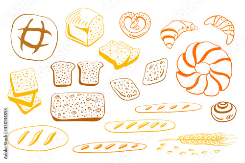 Wheat, whole-grain, rye bread, french baguette, pretzel, toasts, croissant. Loafs and slices. Set of bread in sketchy style isolated on white background. Doodle hand drawn bread. Vector illustration