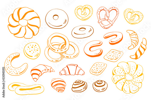 Wheat  whole-grain and rye bread  pretzel  bagel  croissant  roll  bun. Loafs and slices. Set of bread in sketchy style isolated on white background. Doodle hand drawn bread. Vector illustration