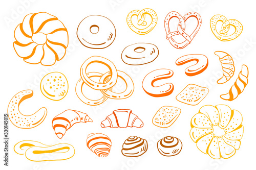 Wheat, whole-grain and rye bread, pretzel, bagel, croissant, roll, bun. Loafs and slices. Set of bread in sketchy style isolated on white background. Doodle hand drawn bread. Vector illustration