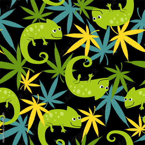 Seamless pattern with marijuanna leaves and funny chameleon lizard character in cartoon style