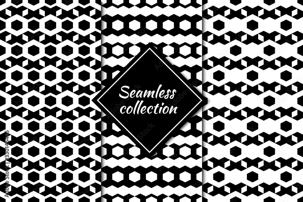Hexagons, figures seamless patterns collection. Geometrical images. Folk prints. Ethnic ornaments set. Tribal wallpapers kit