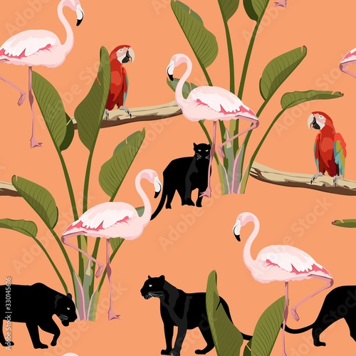 Tropical vintage lemur, parrot, flamingo, jaguar and palm leaves floral seamless pattern on orange background. Exotic jungle wallpaper.