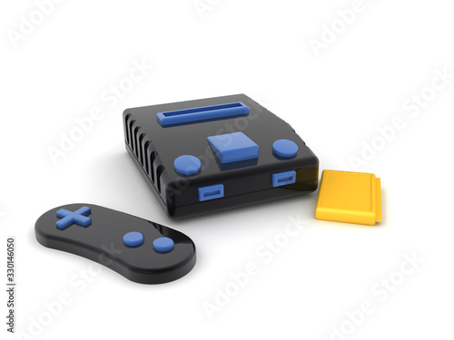 3D Rendering of retro gaming console with yellow cartridge