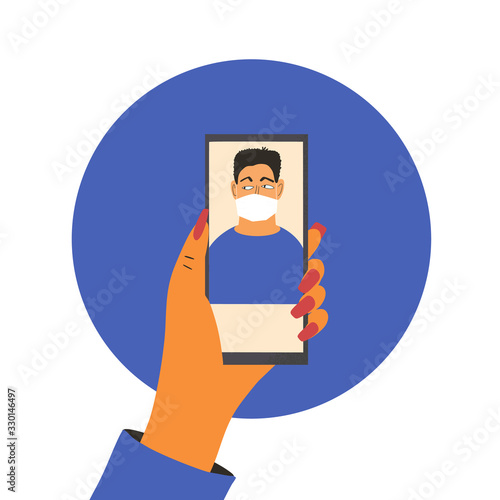 Coronavirus. Phone call. Hand with mobile distant talk with friend. Man in white medical face mask on screen. 2019-nCoV quarantine. Pandemic of coronavirus. Vector flat illustration.