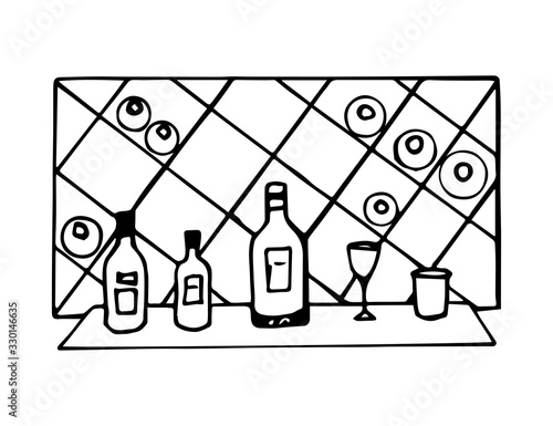Hand-drawn black outline vector drawing. Rack, shelf with cells, bottles of wine, glasses on the table. Tasting, sale of alcoholic beverages, bar, restaurant. Wine cellar, winemaking.