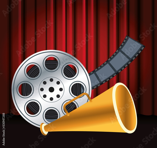 film reel and directors megaphone, colorful design