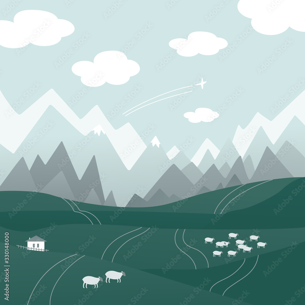View on mountain's landscape. Travel, vacation, rest on fresh air. House on the hills and a flock of sheep. Background template with nature.