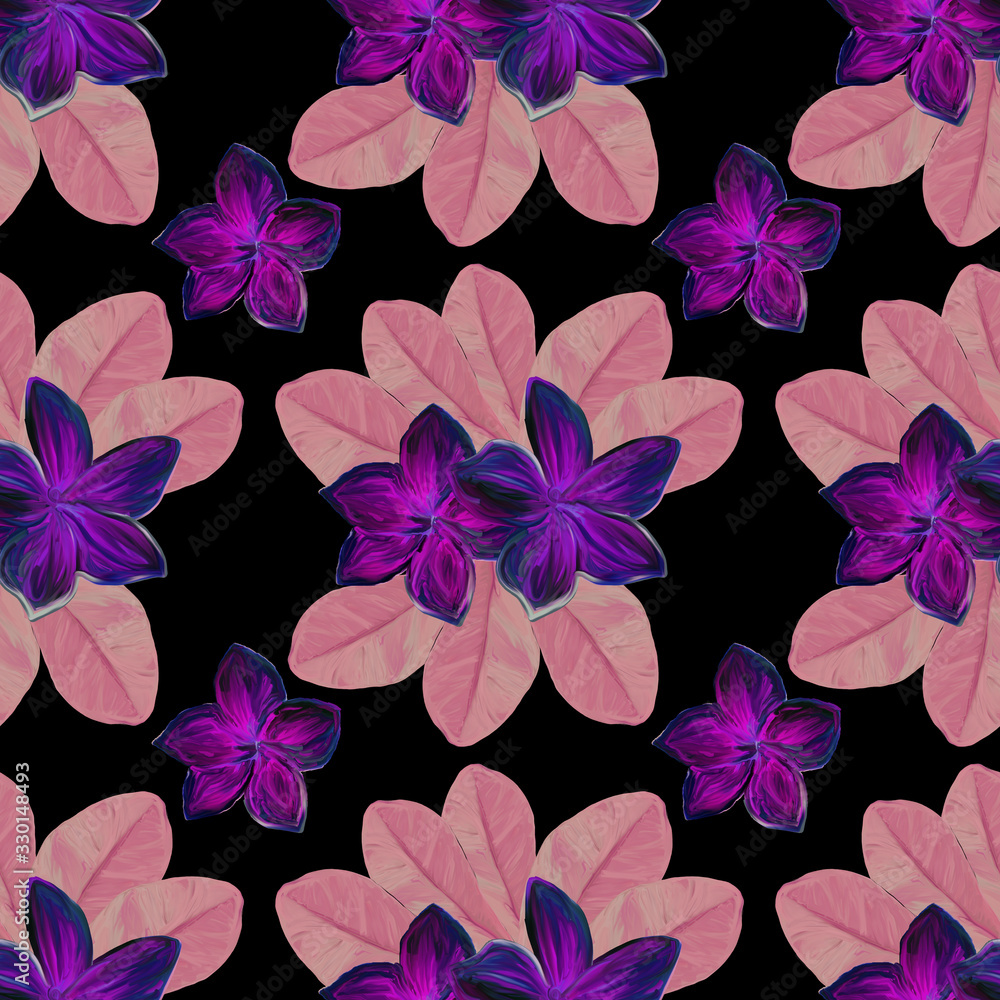 Frangipani Plumeria Tropical Flowers. Seamless Pattern Background. Tropical floral summer seamless pattern background with plumeria violet flowers with pink leaves on black background