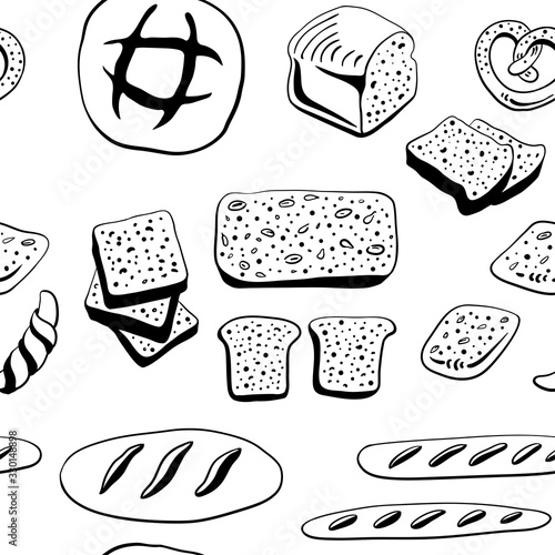 Seamless pattern with different types of bread in sketchy style isolated on white background. Doodle hand drawn bread. Vector illustration