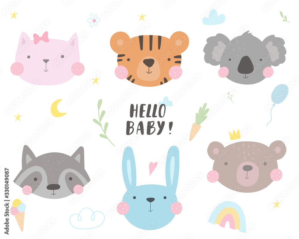 Hand drawn cute print with cat, tiger, koala, raccoon, bunny, rabbit, bear. Print for Baby Shower Invitation