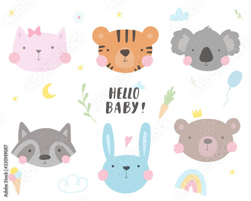 Hand drawn cute print with cat  tiger  koala  raccoon  bunny  rabbit  bear. Print for Baby Shower Invitation