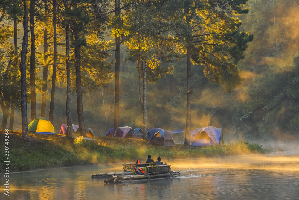 Fototapeta premium Tent (Tourist tent in the forest with the lake )