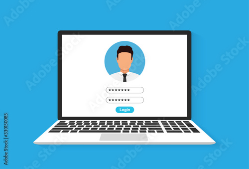Laptop with login form page on screen. Vector illustration