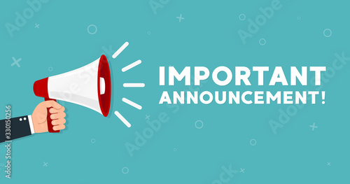 Megaphone with Important Announcement. Vector flat photo