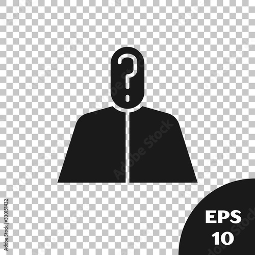 Black Anonymous man with question mark icon isolated on transparent background. Unknown user, incognito profile, business secrecy, obscurity. Vector Illustration