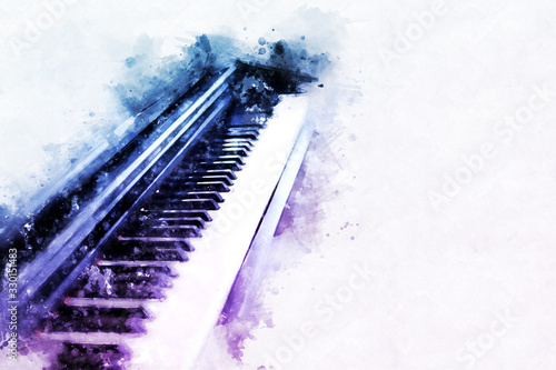 Fotografie, Obraz Abstract beautiful keyboard of the piano foreground Watercolor painting backgrou