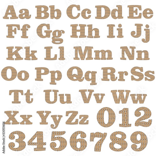 English alphabet and numbers. decorative school kit. openwork brown letters on a white background. numbers from 0 to 9.