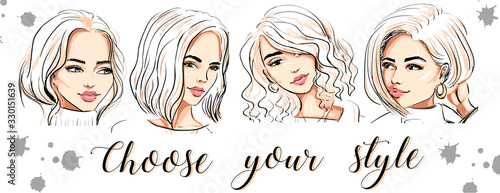 four beautiful hand drawn women faces banner
