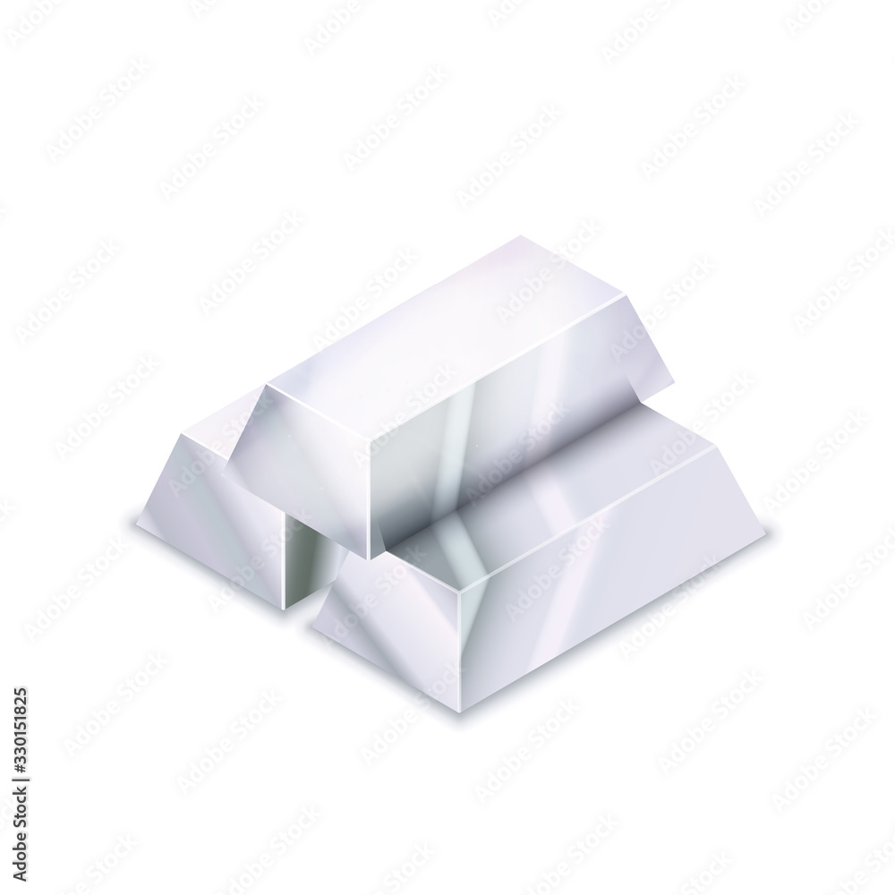 Bright stack of three realistic glossy silver bars in isometric view on white Bright stack of three realistic glossy silver bars in isometric view on white